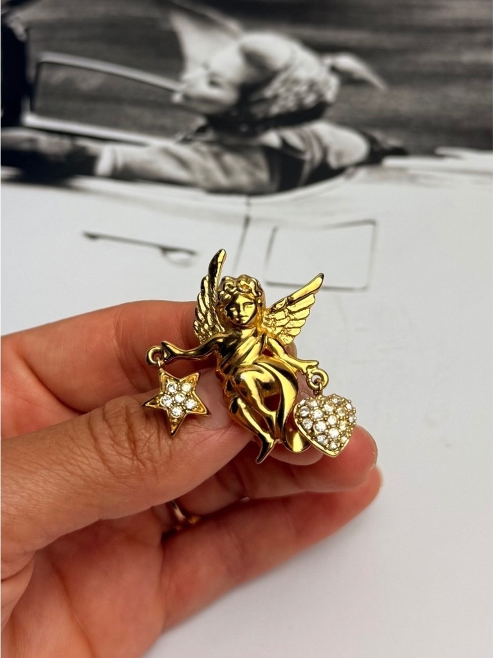 Vintage Gold Tone Cherub Angel Brooch Rhinestone Heart Star Dangle Pin ROMAN
